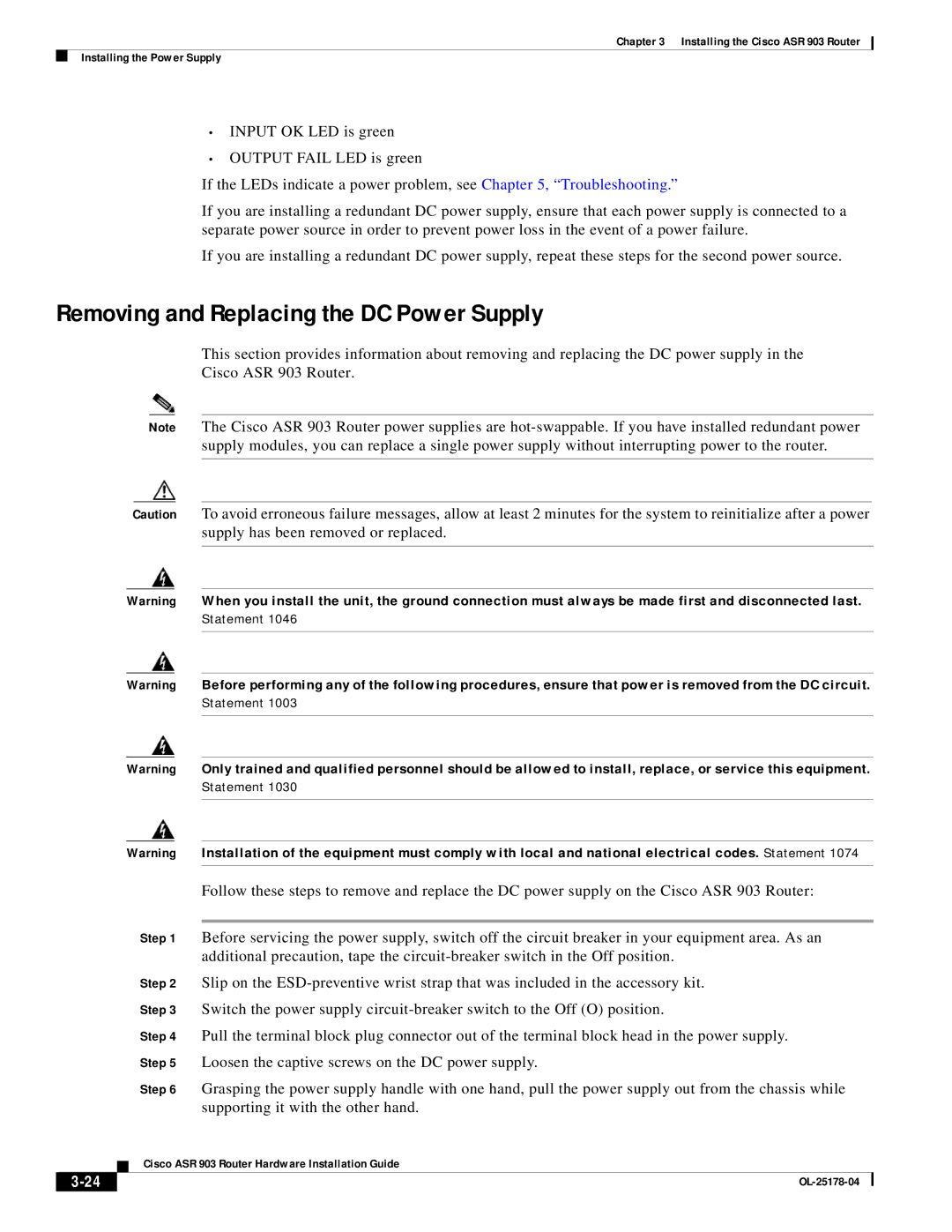 Cisco Systems ASR 903 manual Removing and Replacing the DC Power Supply, Supply has been removed or replaced 