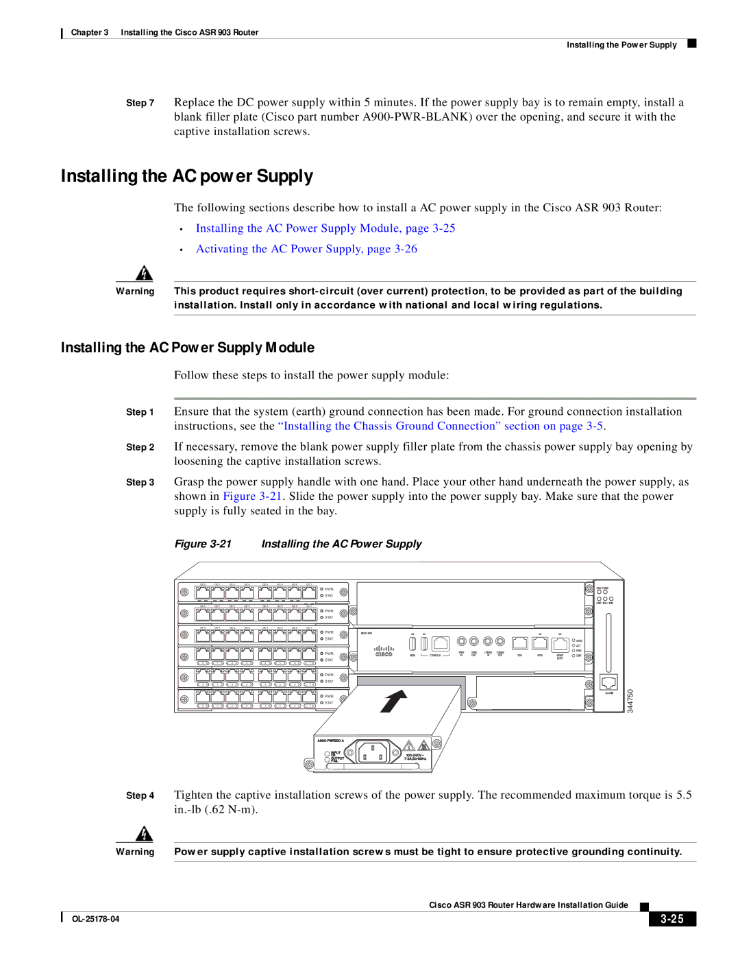 Cisco Systems ASR 903 manual Installing the AC power Supply, Installing the AC Power Supply Module 