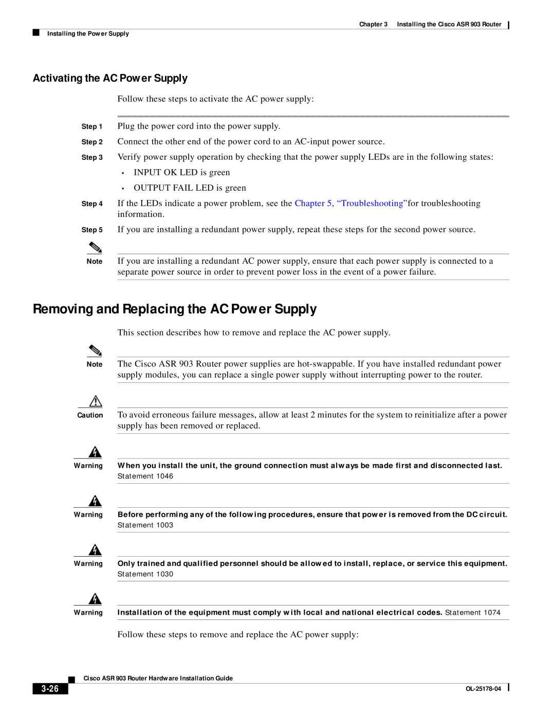 Cisco Systems ASR 903 manual Removing and Replacing the AC Power Supply, Activating the AC Power Supply 