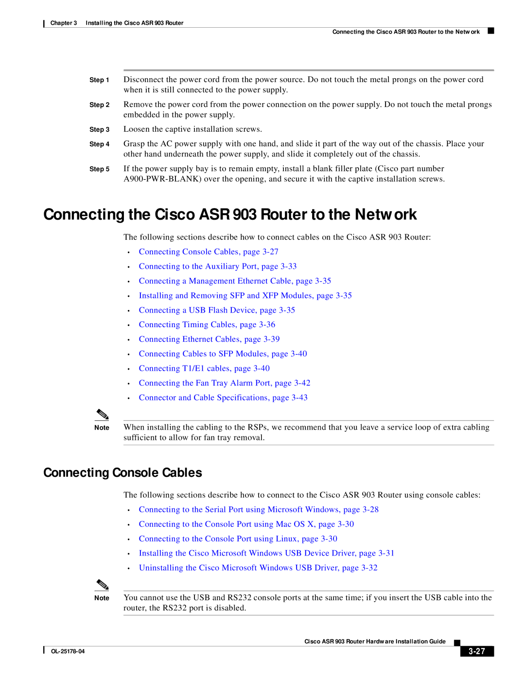 Cisco Systems manual Connecting the Cisco ASR 903 Router to the Network, Connecting Console Cables 