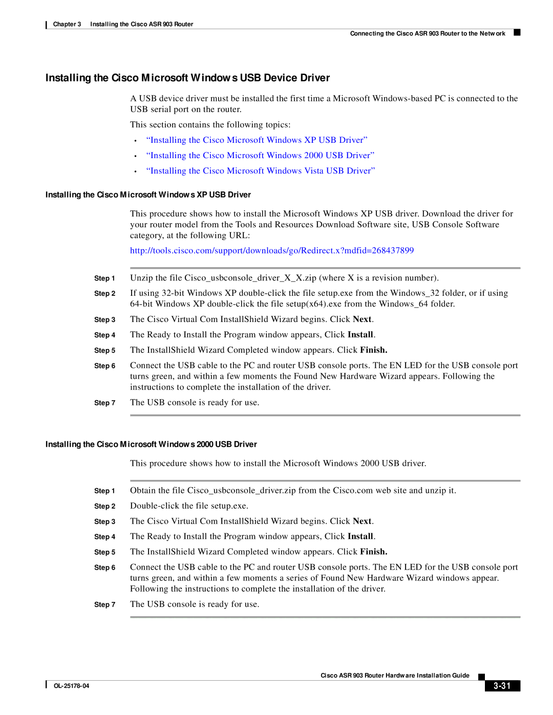 Cisco Systems ASR 903 manual Installing the Cisco Microsoft Windows USB Device Driver 