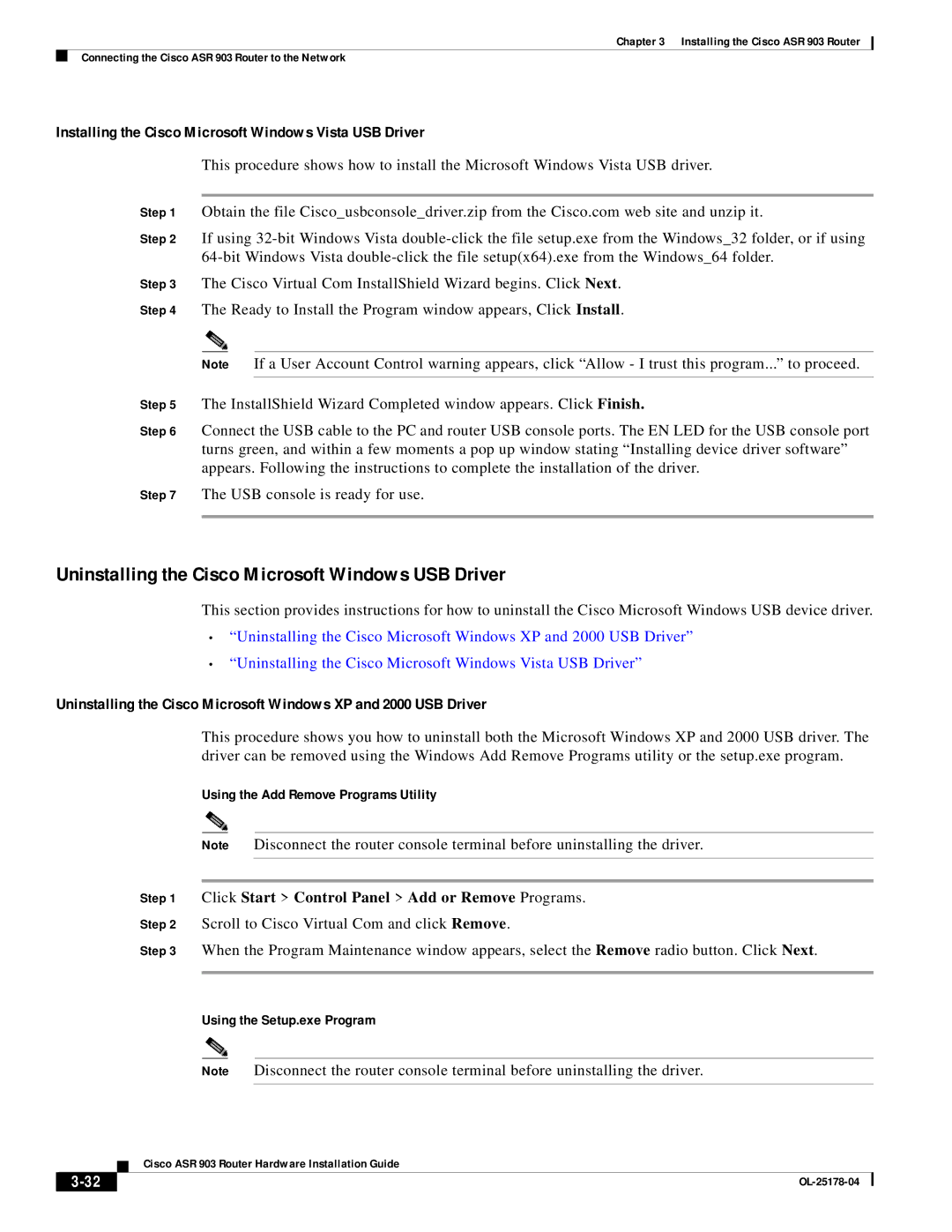 Cisco Systems ASR 903 manual Uninstalling the Cisco Microsoft Windows USB Driver, Using the Add Remove Programs Utility 