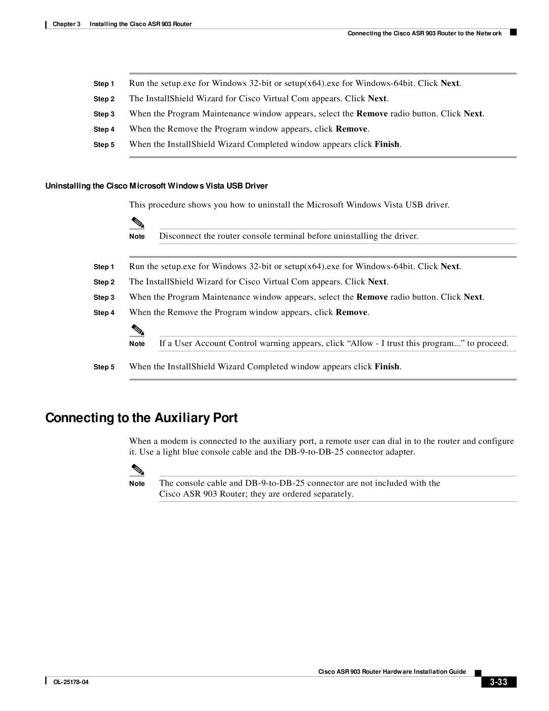 Cisco Systems ASR 903 manual Connecting to the Auxiliary Port, Uninstalling the Cisco Microsoft Windows Vista USB Driver 