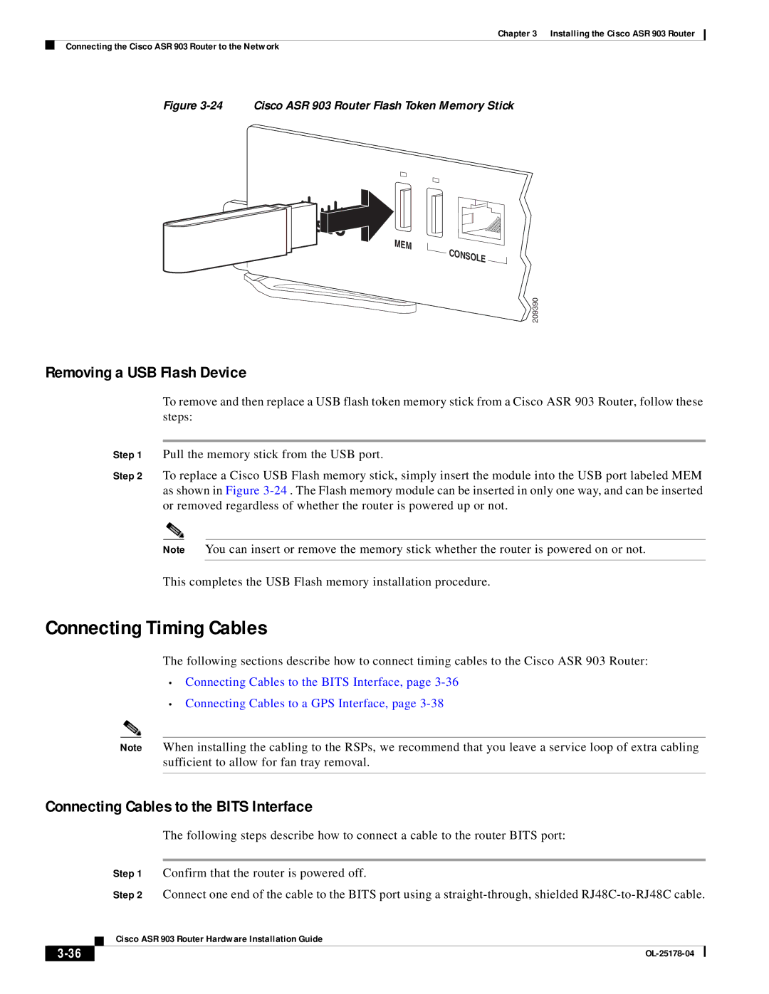 Cisco Systems ASR 903 manual Connecting Timing Cables, Removing a USB Flash Device, Connecting Cables to the Bits Interface 