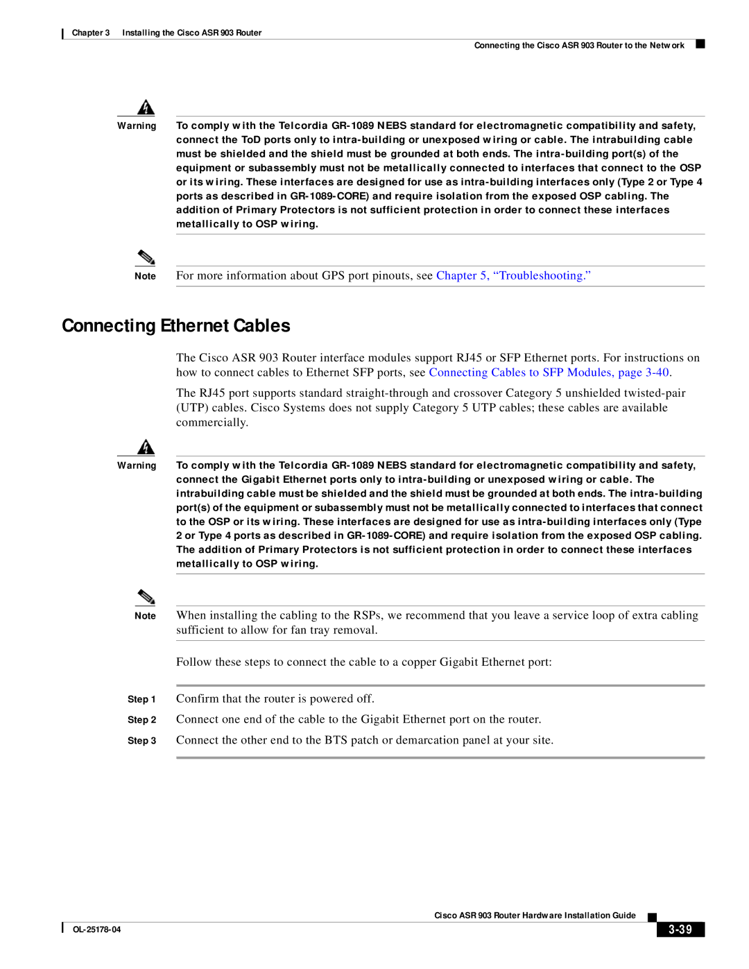 Cisco Systems ASR 903 manual Connecting Ethernet Cables 