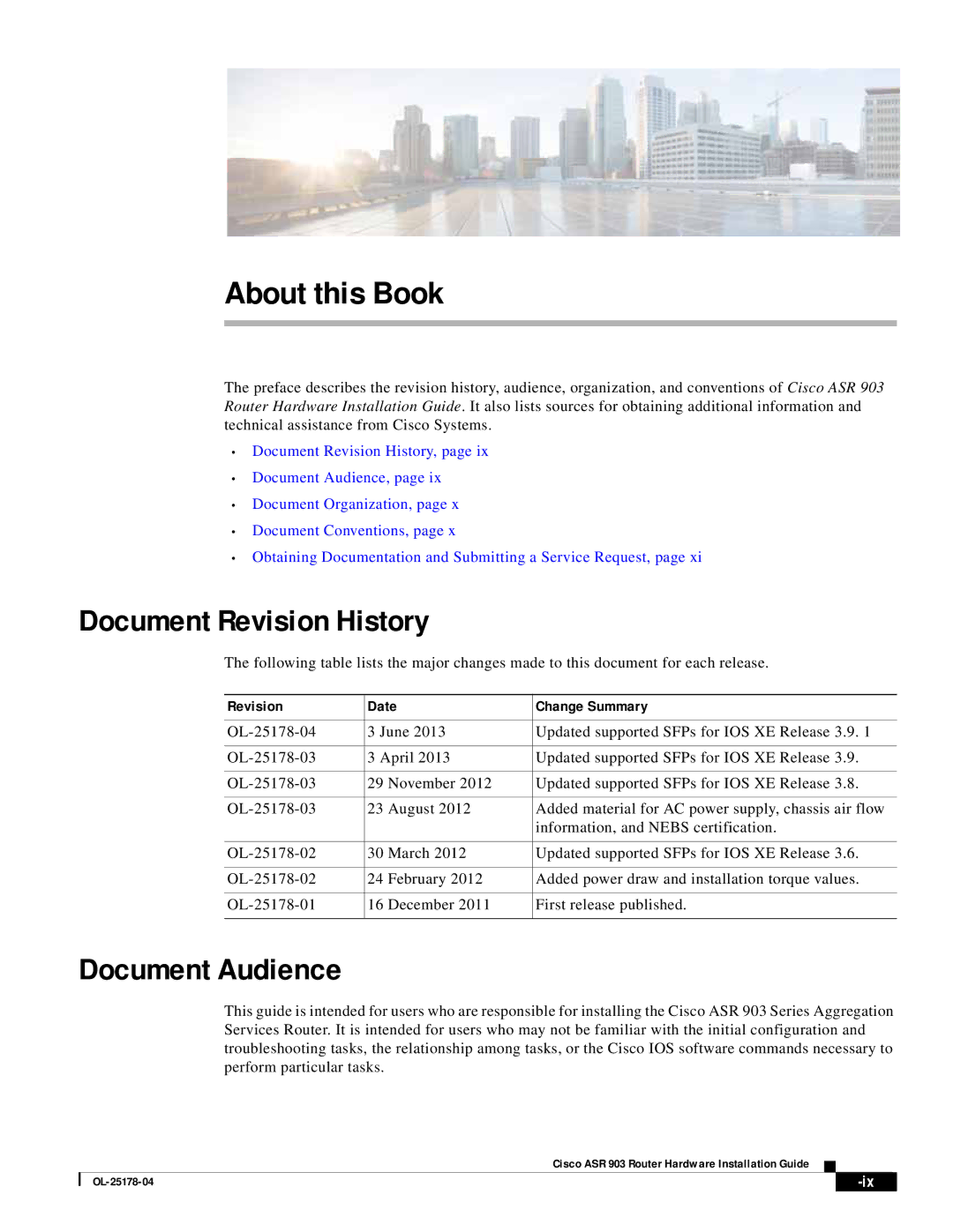 Cisco Systems ASR 903 manual Document Revision History, Document Audience, Revision Date Change Summary 