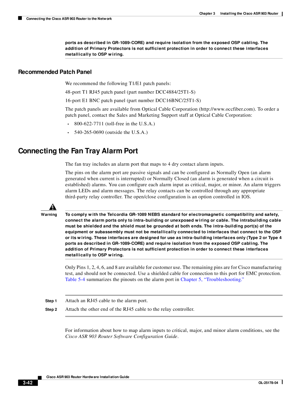 Cisco Systems ASR 903 manual Connecting the Fan Tray Alarm Port, Recommended Patch Panel 