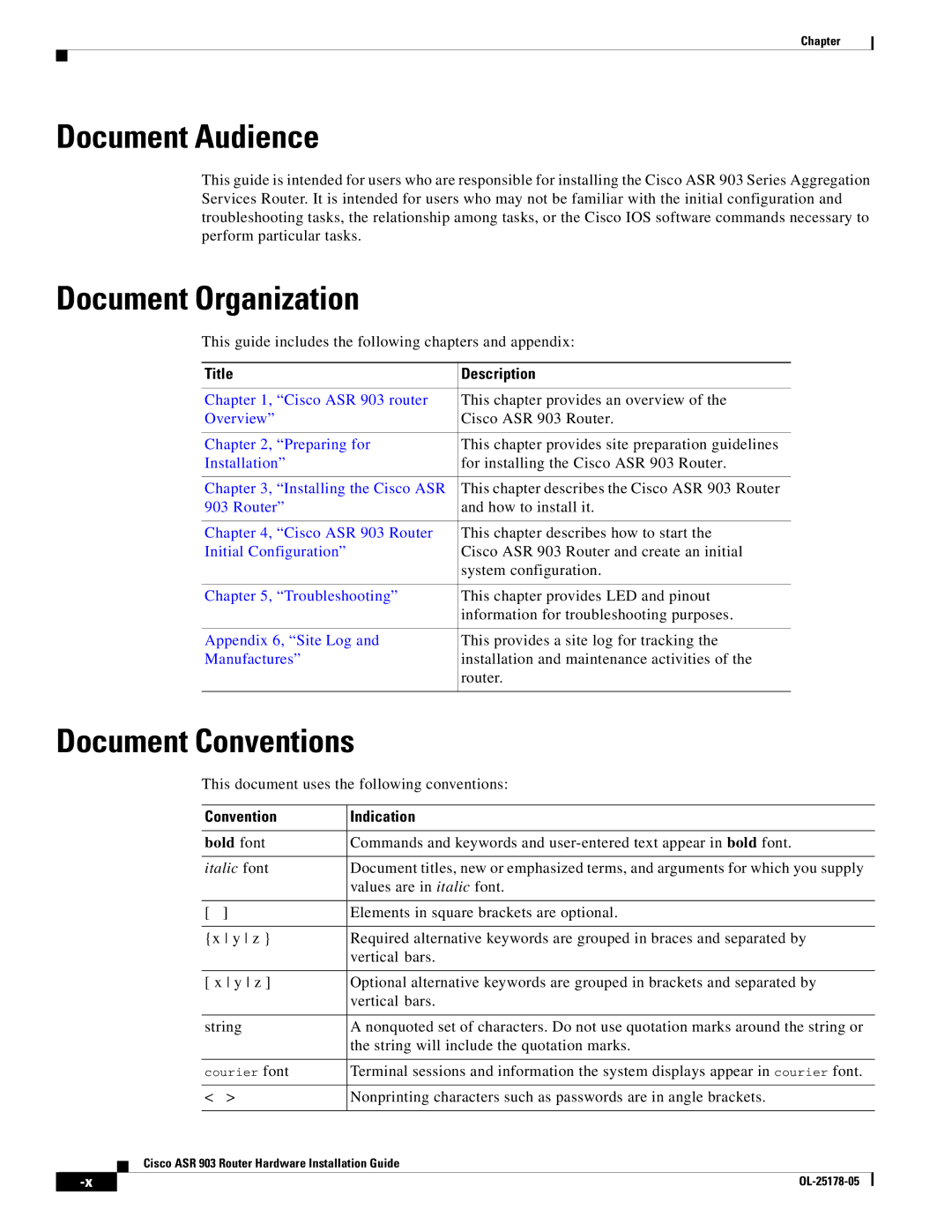 Cisco Systems ASR 903 manual Document Audience, Document Organization, Document Conventions, Title Description 