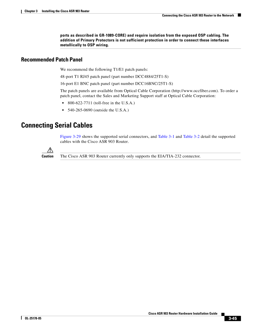 Cisco Systems ASR 903 manual Connecting Serial Cables, Recommended Patch Panel 