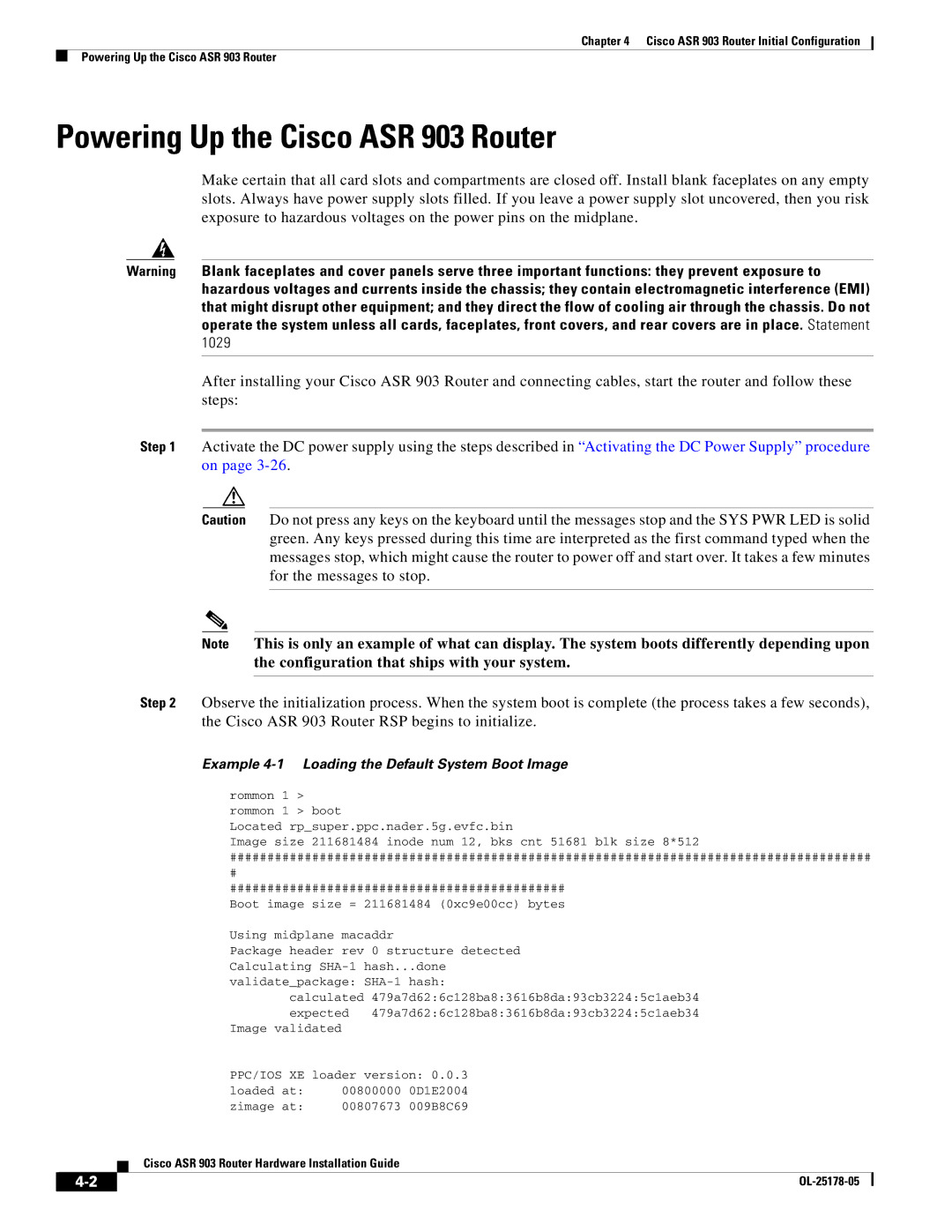 Cisco Systems manual Powering Up the Cisco ASR 903 Router, Example 4-1 Loading the Default System Boot Image 