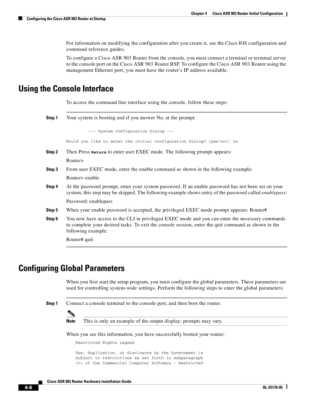 Cisco Systems ASR 903 manual Using the Console Interface, Configuring Global Parameters 