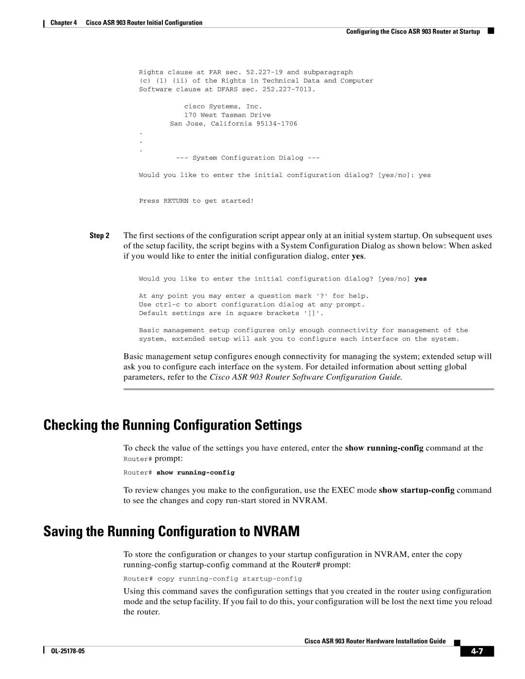 Cisco Systems ASR 903 manual Checking the Running Configuration Settings, Saving the Running Configuration to Nvram 