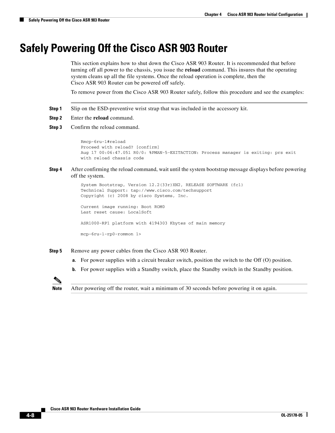 Cisco Systems manual Safely Powering Off the Cisco ASR 903 Router 