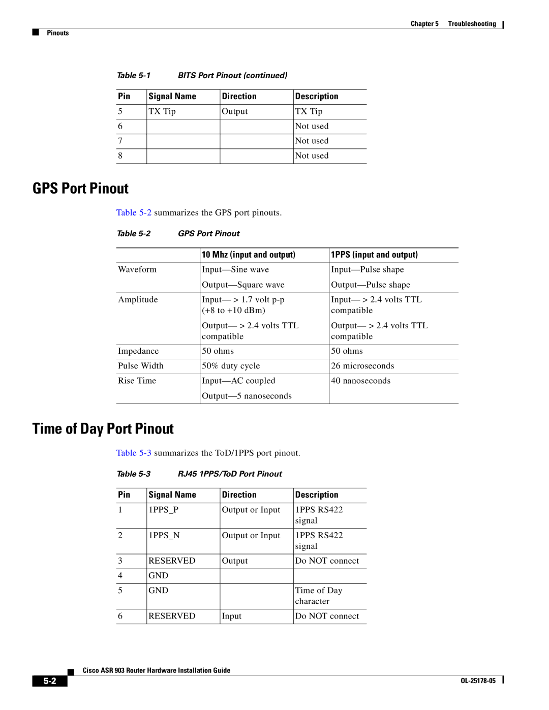 Cisco Systems ASR 903 manual GPS Port Pinout, Time of Day Port Pinout, Mhz input and output 1PPS input and output 