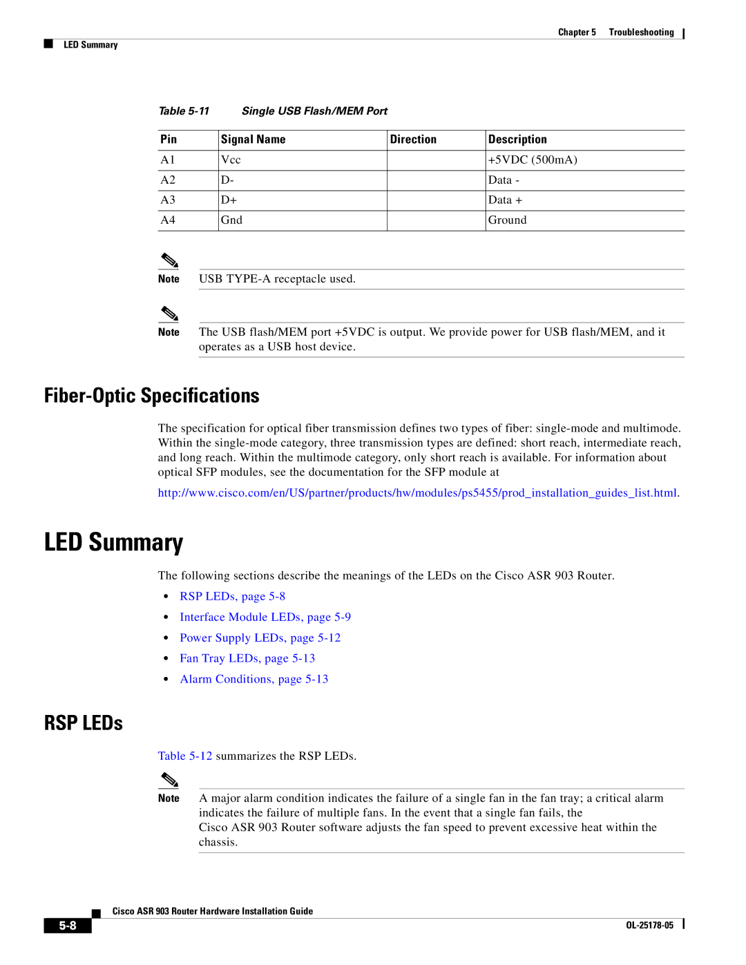 Cisco Systems ASR 903 manual LED Summary, Fiber-Optic Specifications, RSP LEDs 