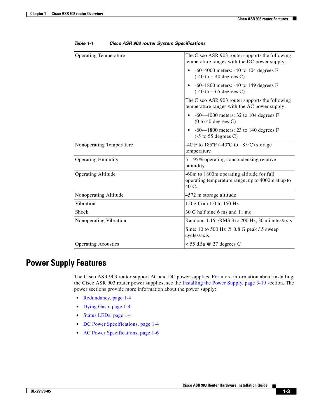 Cisco Systems ASR 903 manual Power Supply Features 