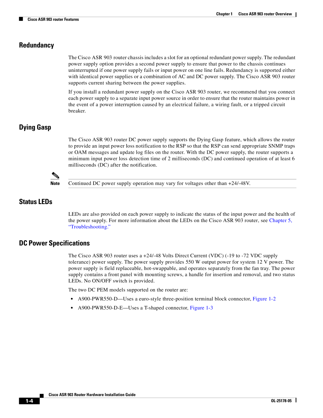 Cisco Systems ASR 903 manual Redundancy, Dying Gasp, Status LEDs, DC Power Specifications 