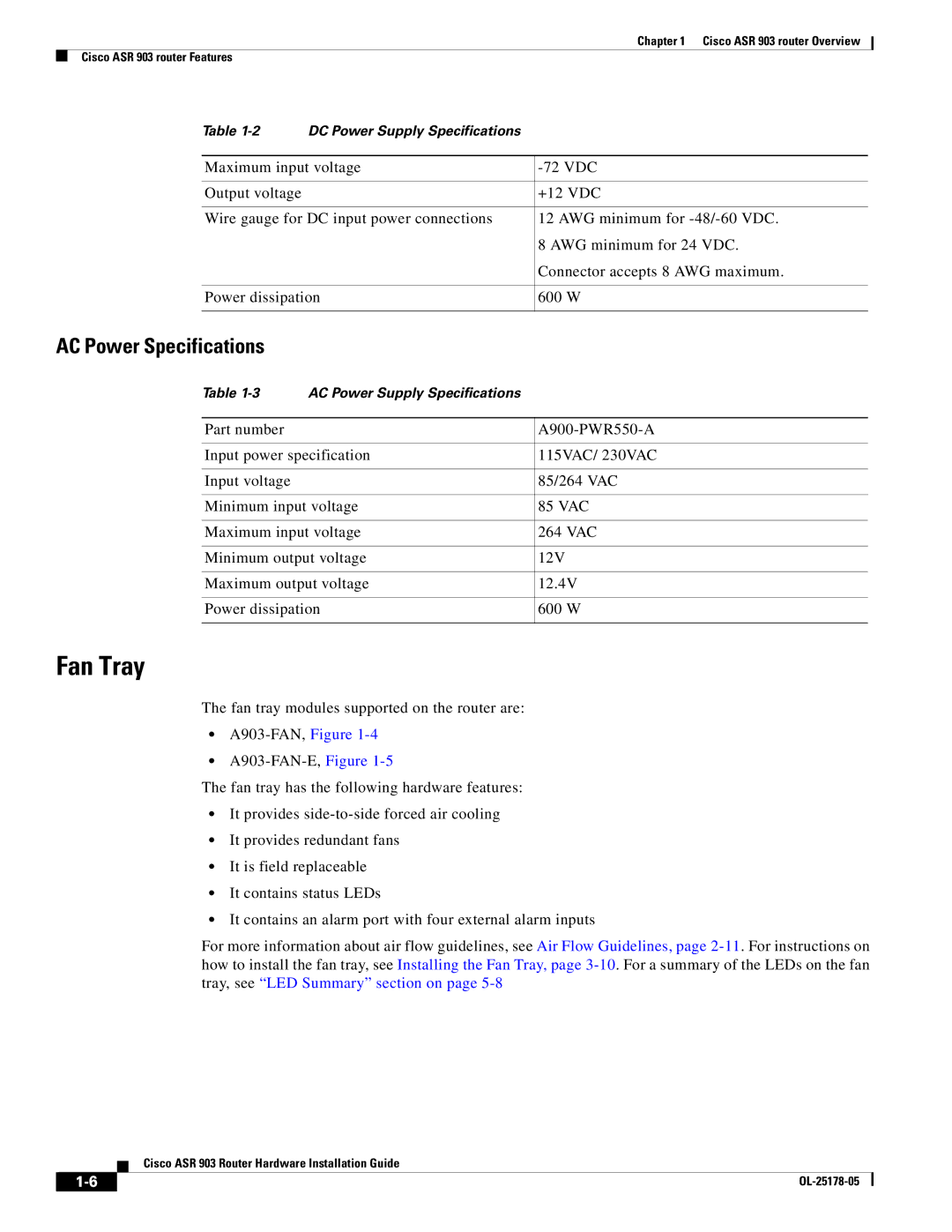 Cisco Systems ASR 903 manual Fan Tray, AC Power Specifications 