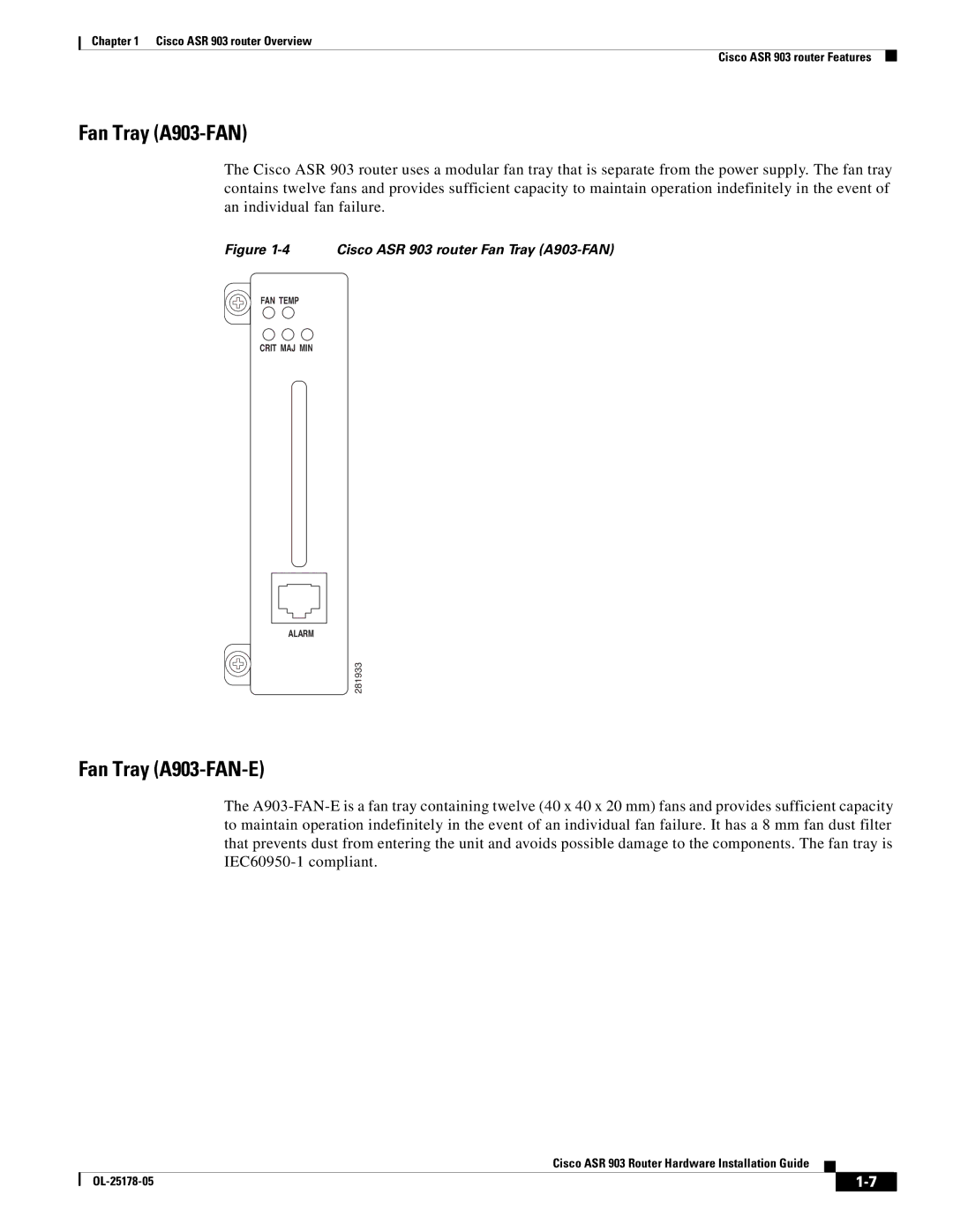 Cisco Systems ASR 903 manual Fan Tray A903-FAN-E 