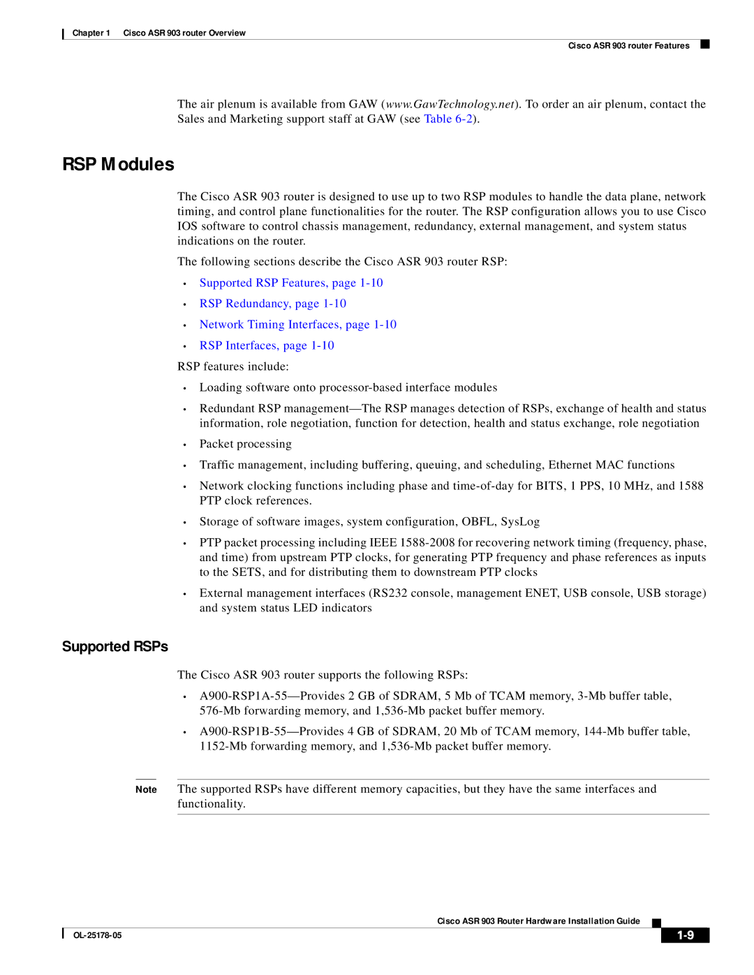 Cisco Systems ASR 903 manual RSP Modules, Supported RSPs 