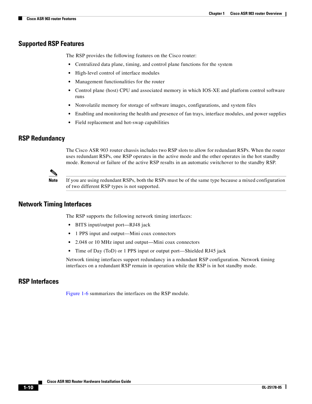 Cisco Systems ASR 903 manual Supported RSP Features, RSP Redundancy, Network Timing Interfaces, RSP Interfaces 