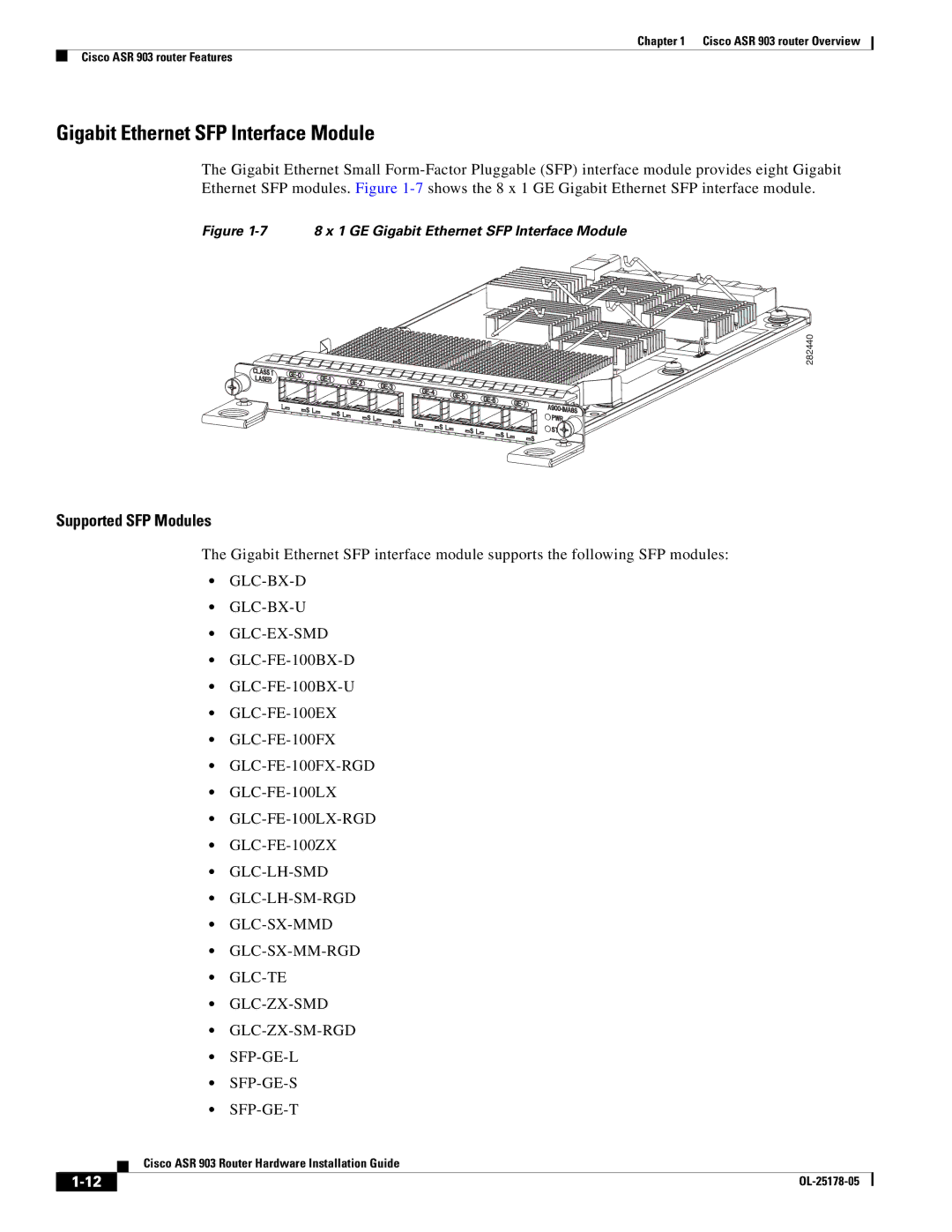 Cisco Systems ASR 903 manual Gigabit Ethernet SFP Interface Module, Supported SFP Modules 