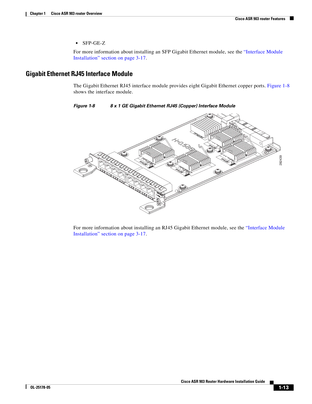 Cisco Systems ASR 903 manual Gigabit Ethernet RJ45 Interface Module, Sfp-Ge-Z 