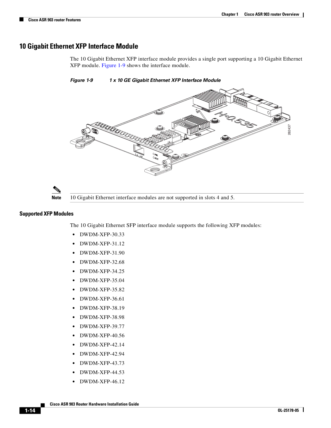 Cisco Systems ASR 903 manual Gigabit Ethernet XFP Interface Module, Supported XFP Modules 