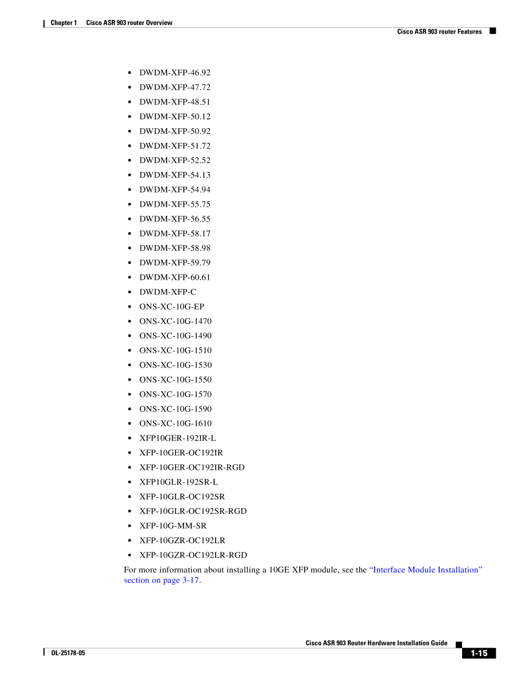 Cisco Systems ASR 903 manual XFP-10GER-OC192IR XFP-10GER-OC192IR-RGD 