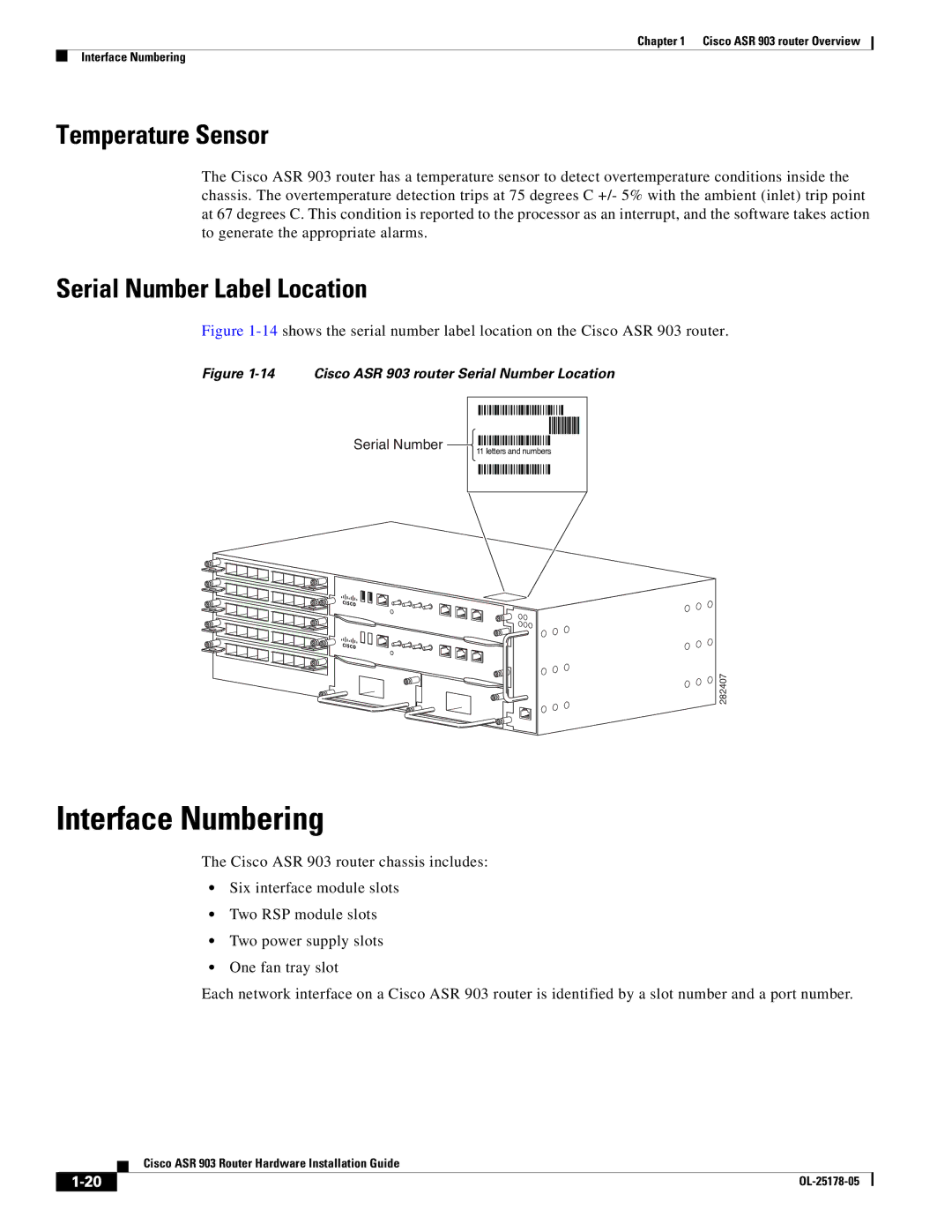 Cisco Systems ASR 903 manual Interface Numbering, Temperature Sensor, Serial Number Label Location 