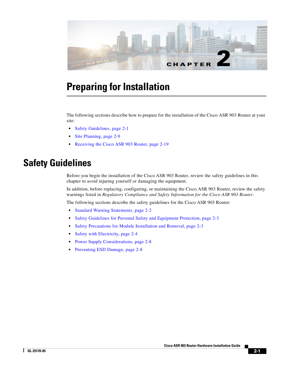 Cisco Systems ASR 903 manual Preparing for Installation, Safety Guidelines 