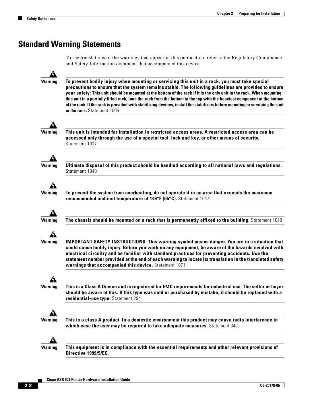 Cisco Systems ASR 903 manual Standard Warning Statements 