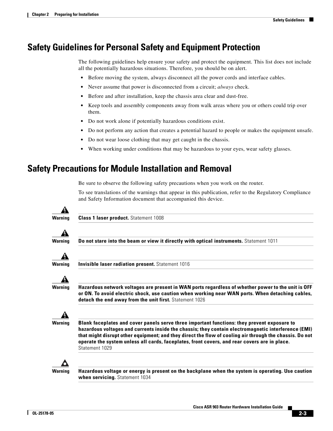 Cisco Systems ASR 903 manual Safety Precautions for Module Installation and Removal 