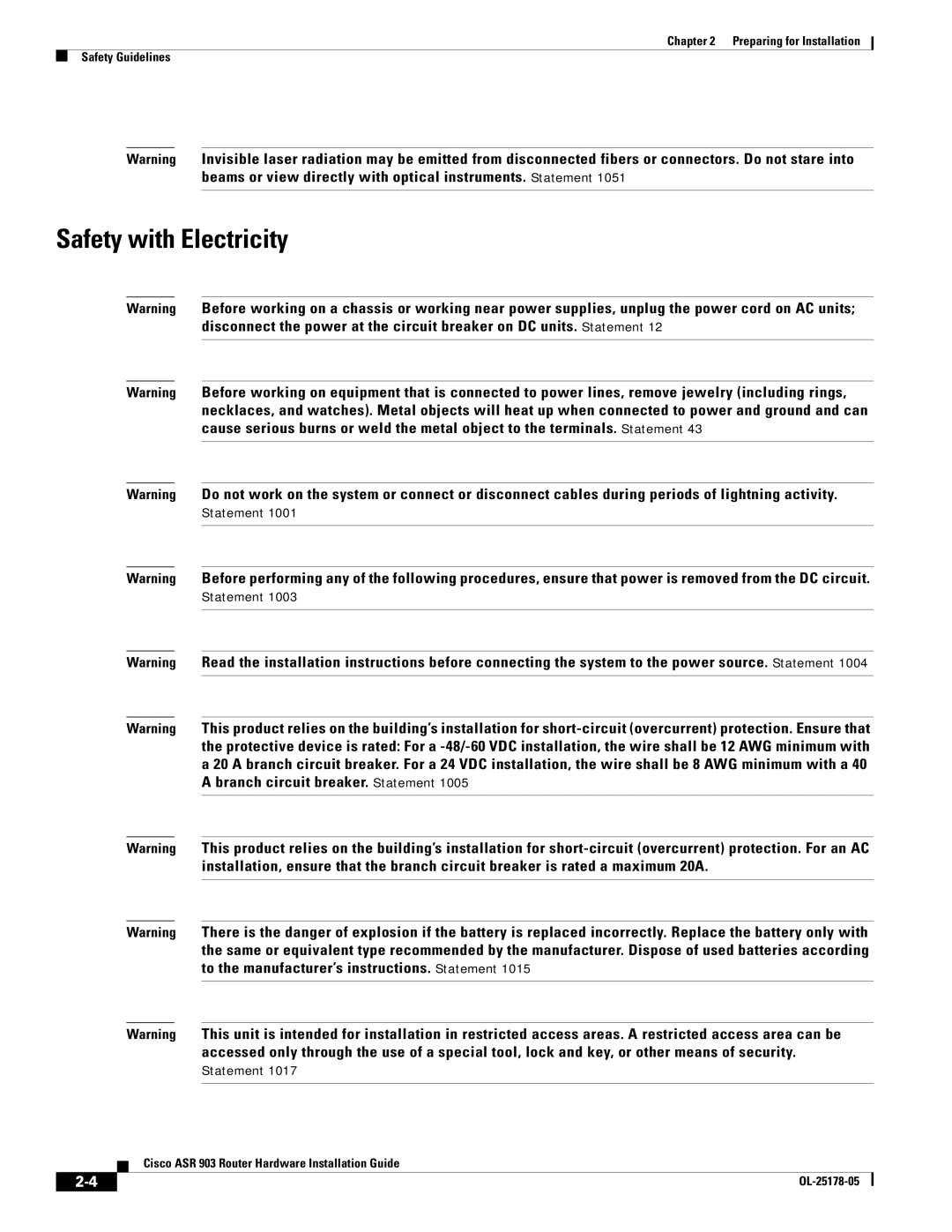 Cisco Systems ASR 903 manual Safety with Electricity 