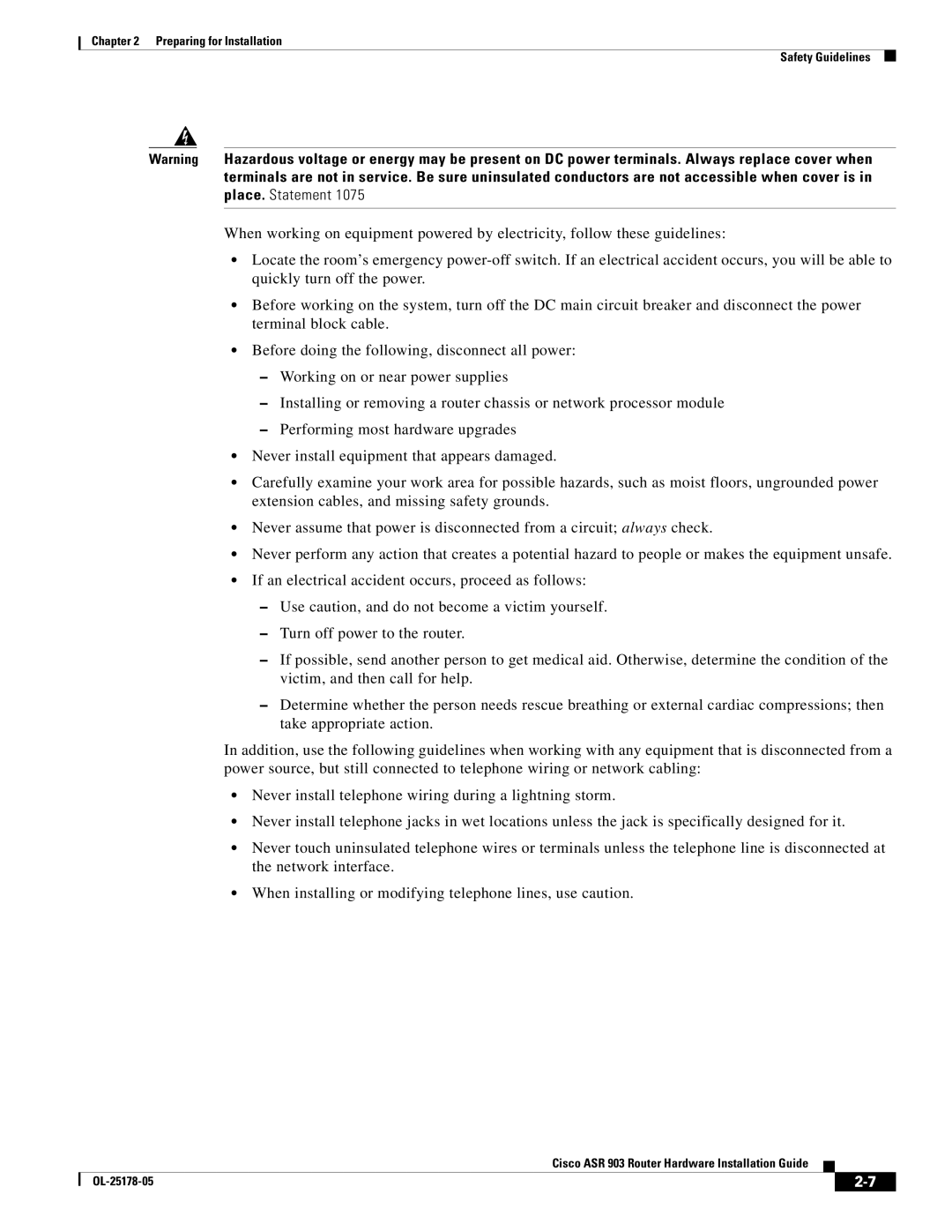 Cisco Systems ASR 903 manual Preparing for Installation Safety Guidelines 