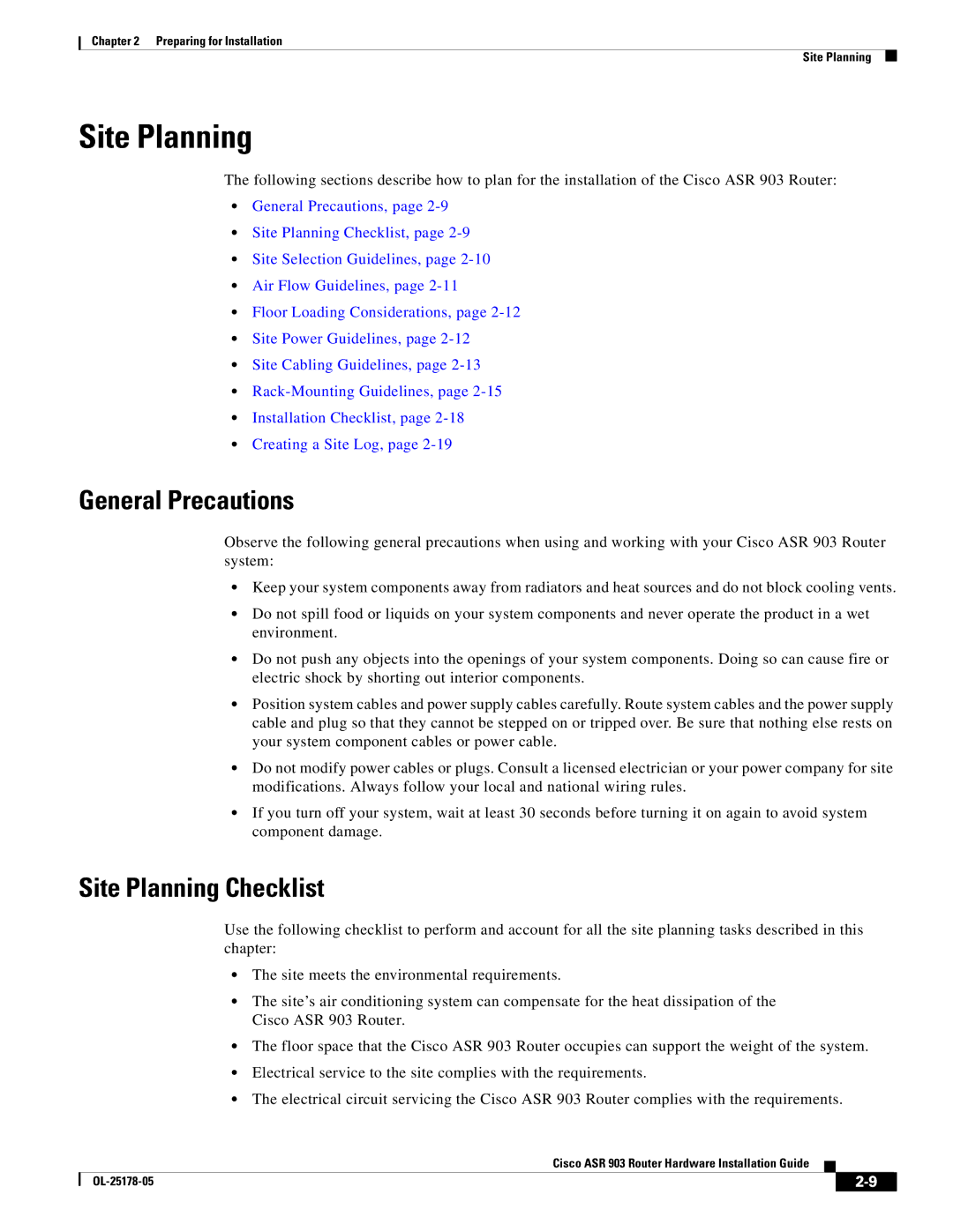 Cisco Systems ASR 903 manual General Precautions, Site Planning Checklist 