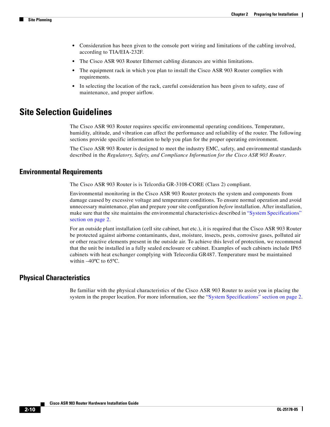 Cisco Systems ASR 903 manual Site Selection Guidelines, Environmental Requirements, Physical Characteristics 