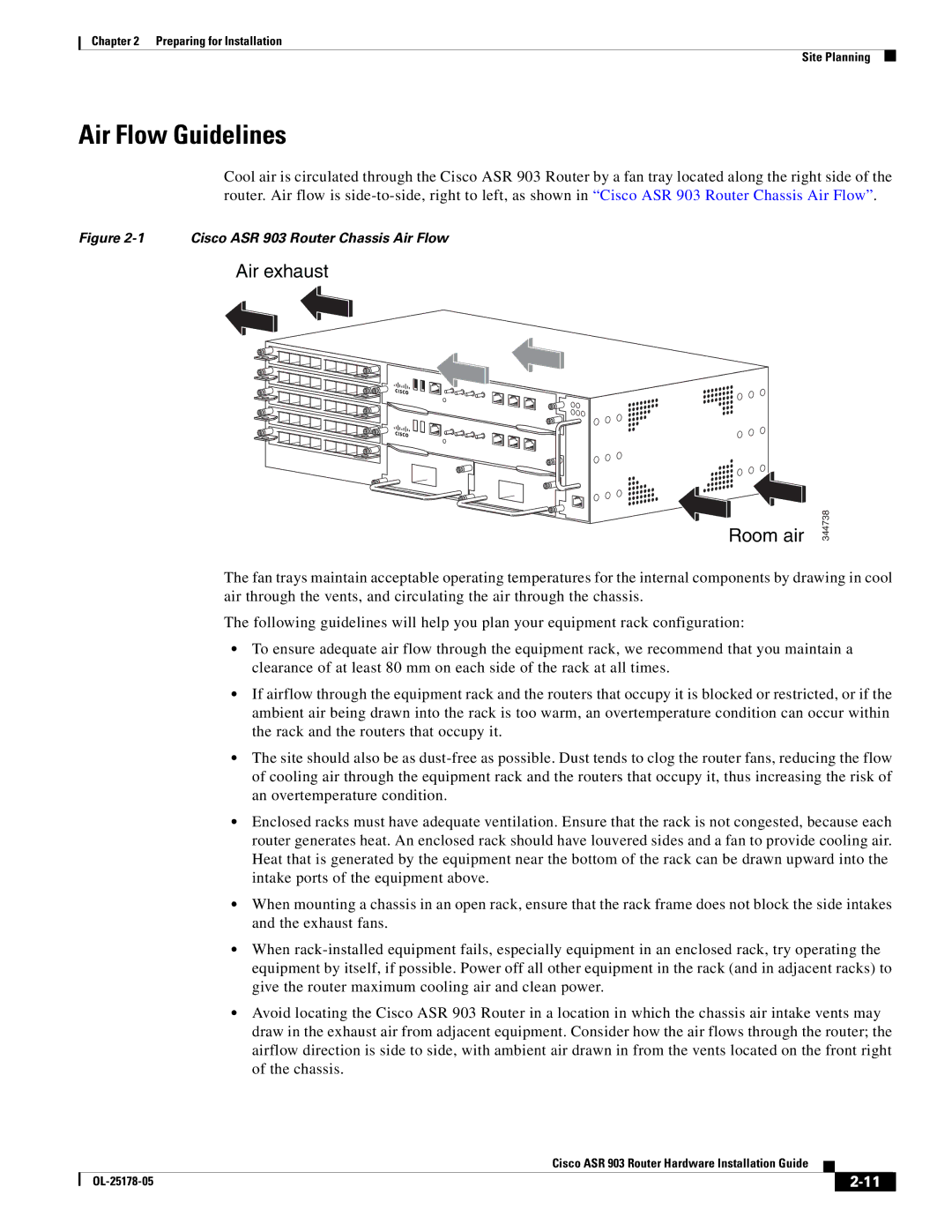 Cisco Systems ASR 903 manual Air Flow Guidelines, Air exhaust Room air 