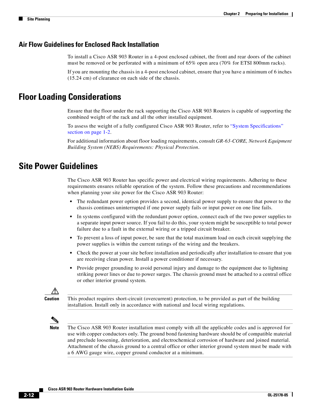 Cisco Systems ASR 903 manual Floor Loading Considerations, Site Power Guidelines 