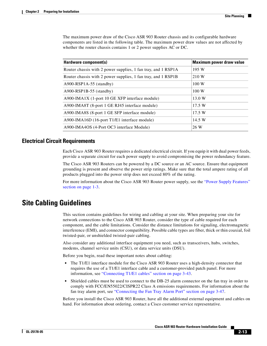 Cisco Systems ASR 903 manual Site Cabling Guidelines, Electrical Circuit Requirements, Hardware components 