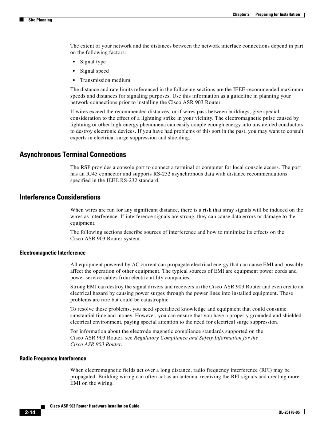 Cisco Systems ASR 903 manual Asynchronous Terminal Connections, Interference Considerations, Electromagnetic Interference 