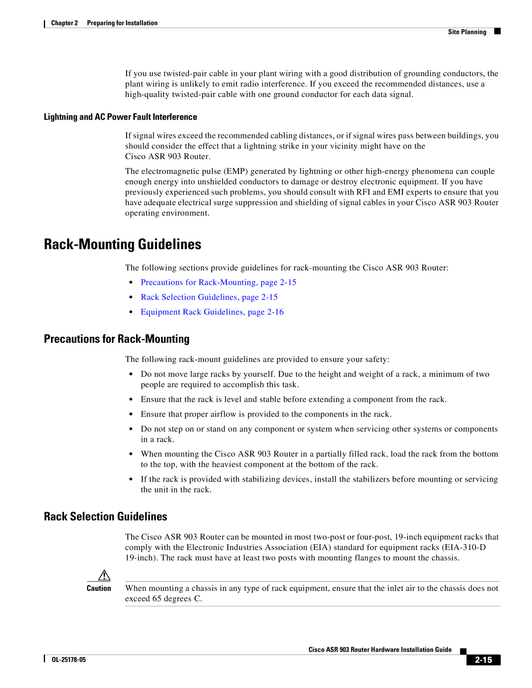 Cisco Systems ASR 903 manual Rack-Mounting Guidelines, Precautions for Rack-Mounting, Rack Selection Guidelines 