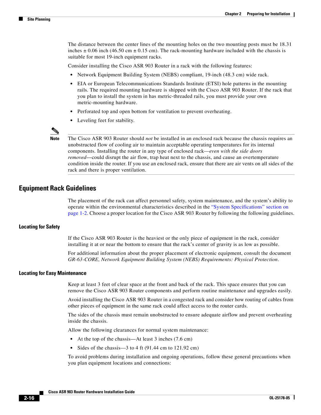 Cisco Systems ASR 903 manual Equipment Rack Guidelines, Locating for Safety, Locating for Easy Maintenance 