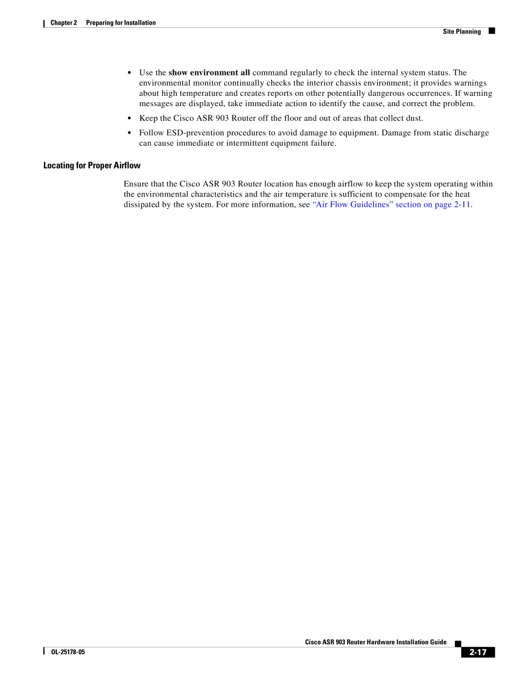 Cisco Systems ASR 903 manual Locating for Proper Airflow 