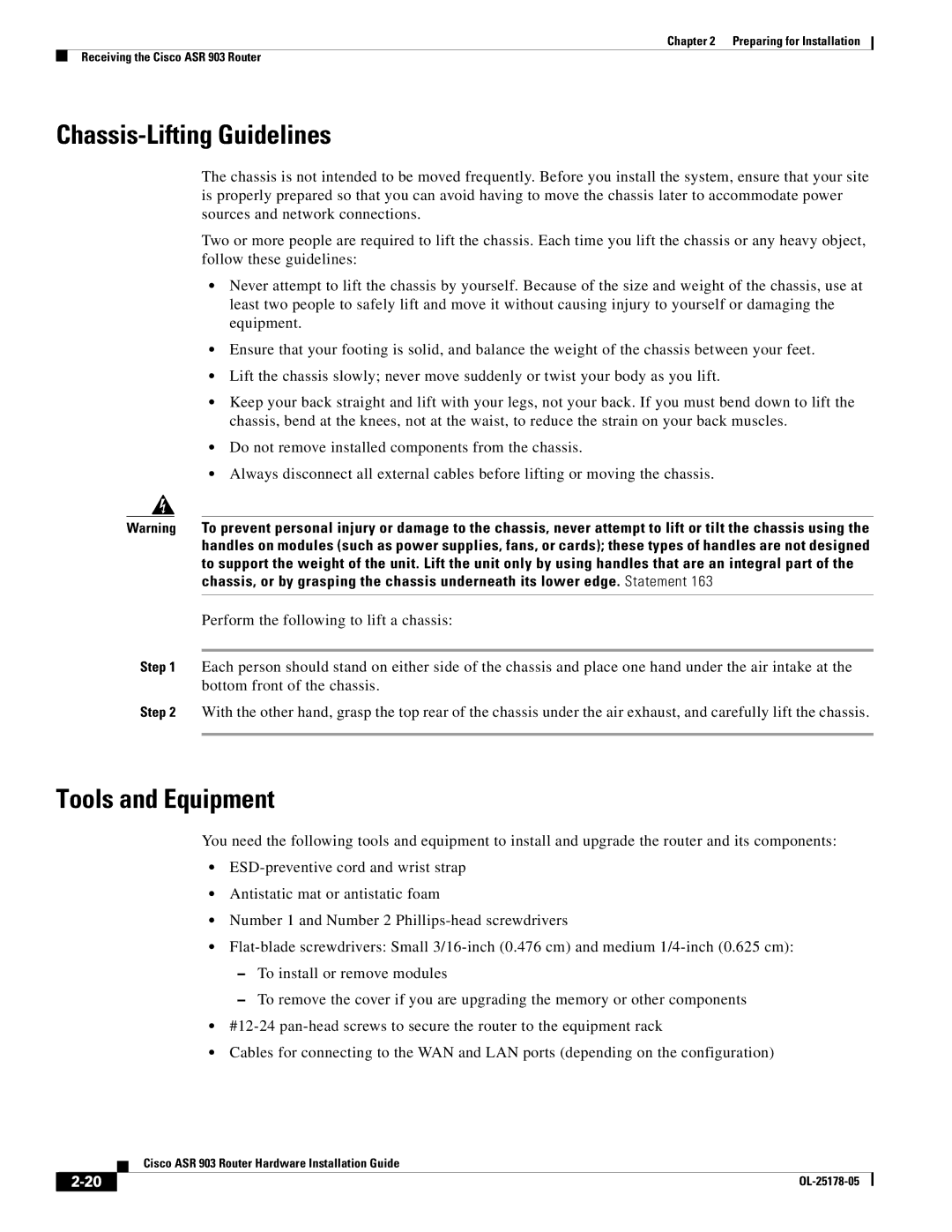 Cisco Systems ASR 903 manual Chassis-Lifting Guidelines, Tools and Equipment 