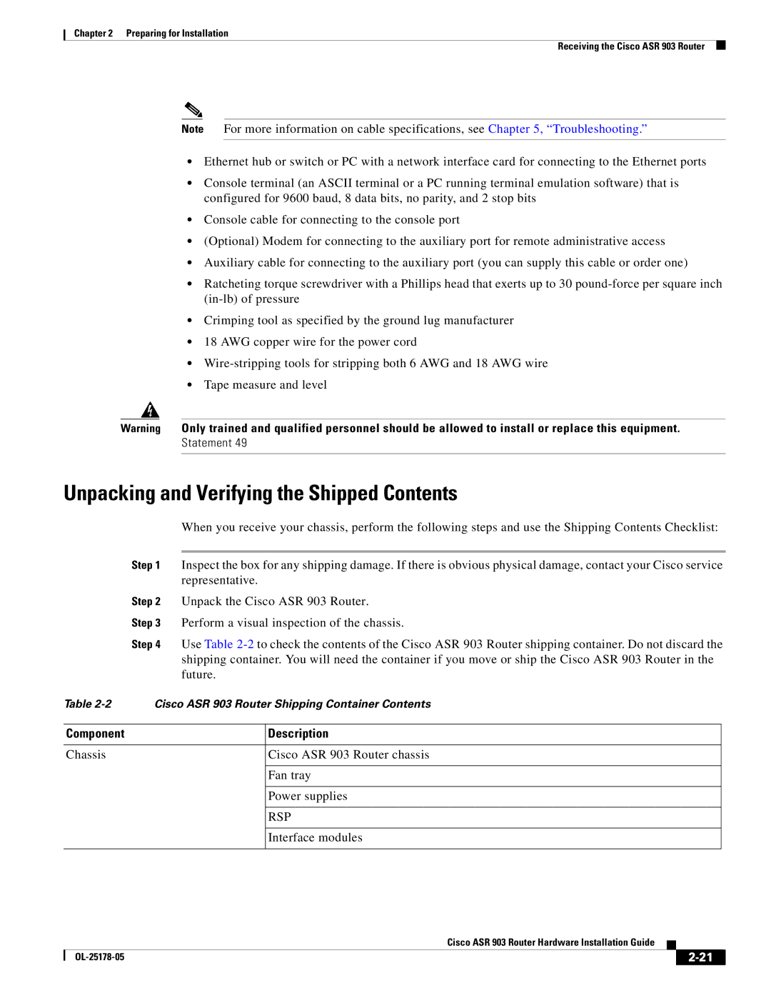 Cisco Systems ASR 903 manual Unpacking and Verifying the Shipped Contents 