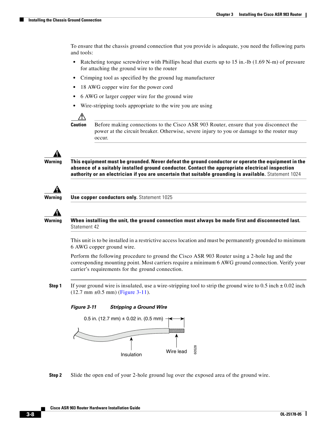 Cisco Systems ASR 903 manual Stripping a Ground Wire 