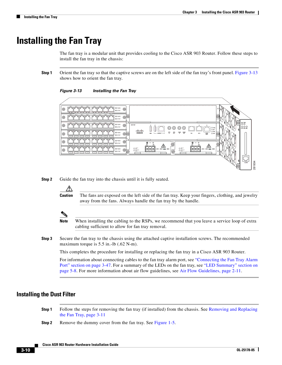 Cisco Systems ASR 903 manual Installing the Fan Tray, Installing the Dust Filter 