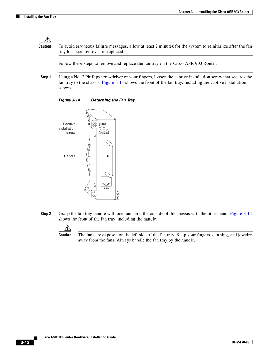 Cisco Systems ASR 903 manual Detaching the Fan Tray 