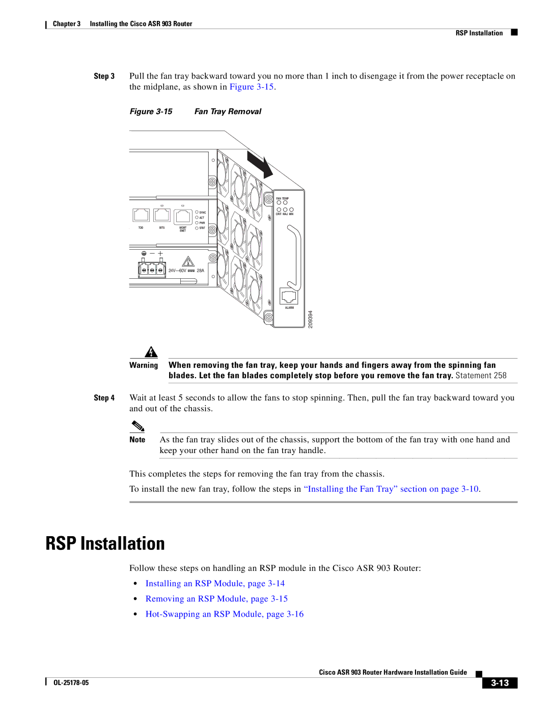 Cisco Systems ASR 903 manual RSP Installation, Fan Tray Removal 